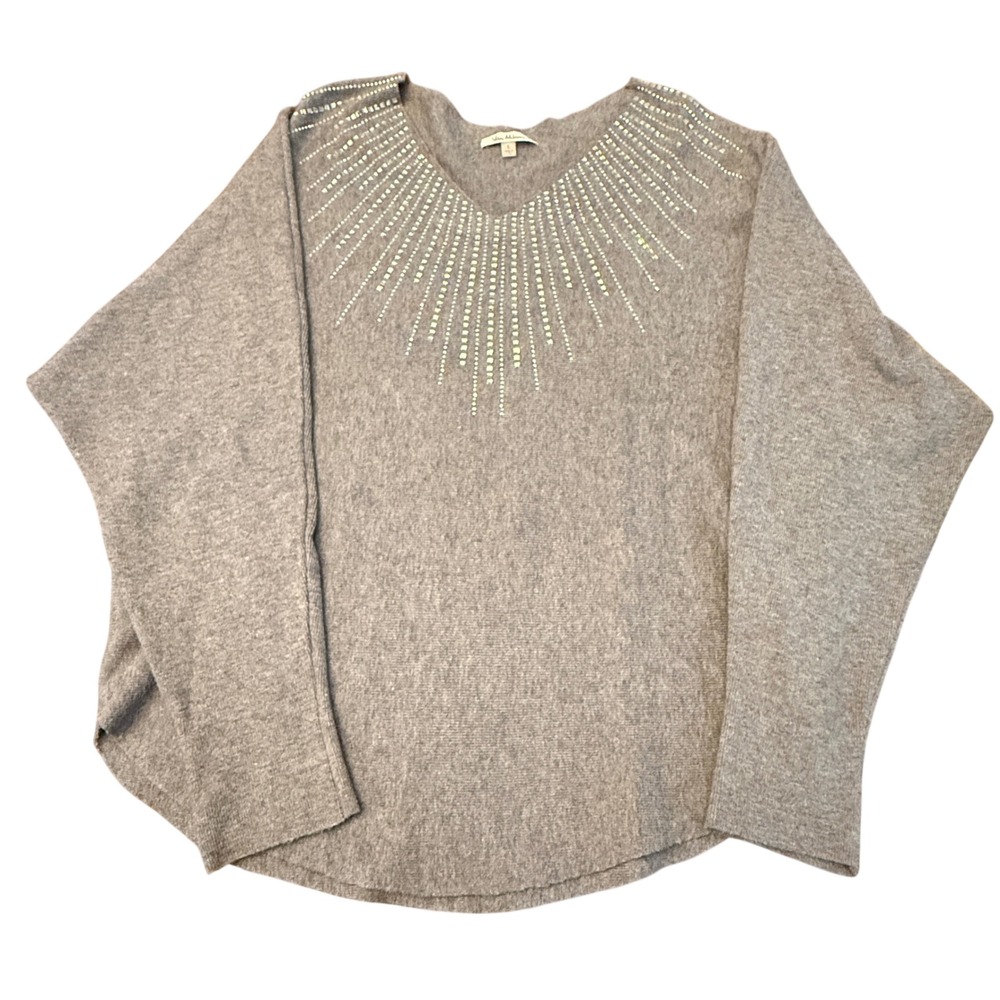 Vila Milano Womens Gray Rhinestone Sunburst V-Neck Sweater Size Lg. Relaxed Fit